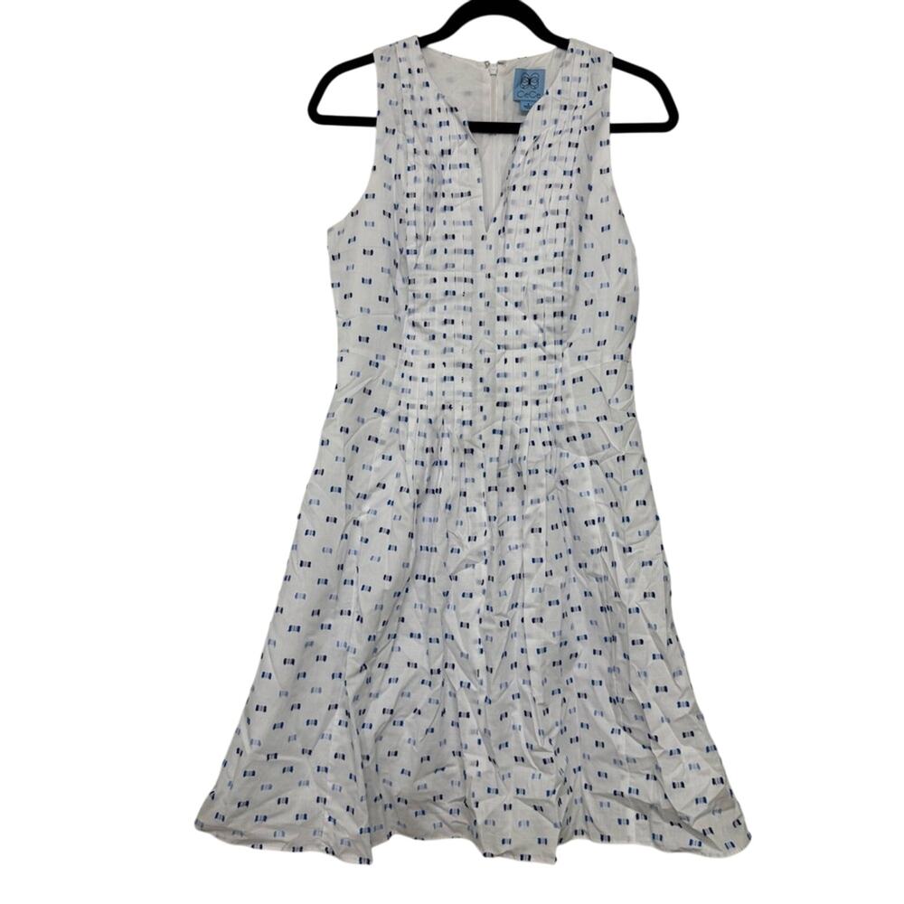 Cece Embroidered Fit & Flare White Blue Cotton Dress Womens Size‎ 4